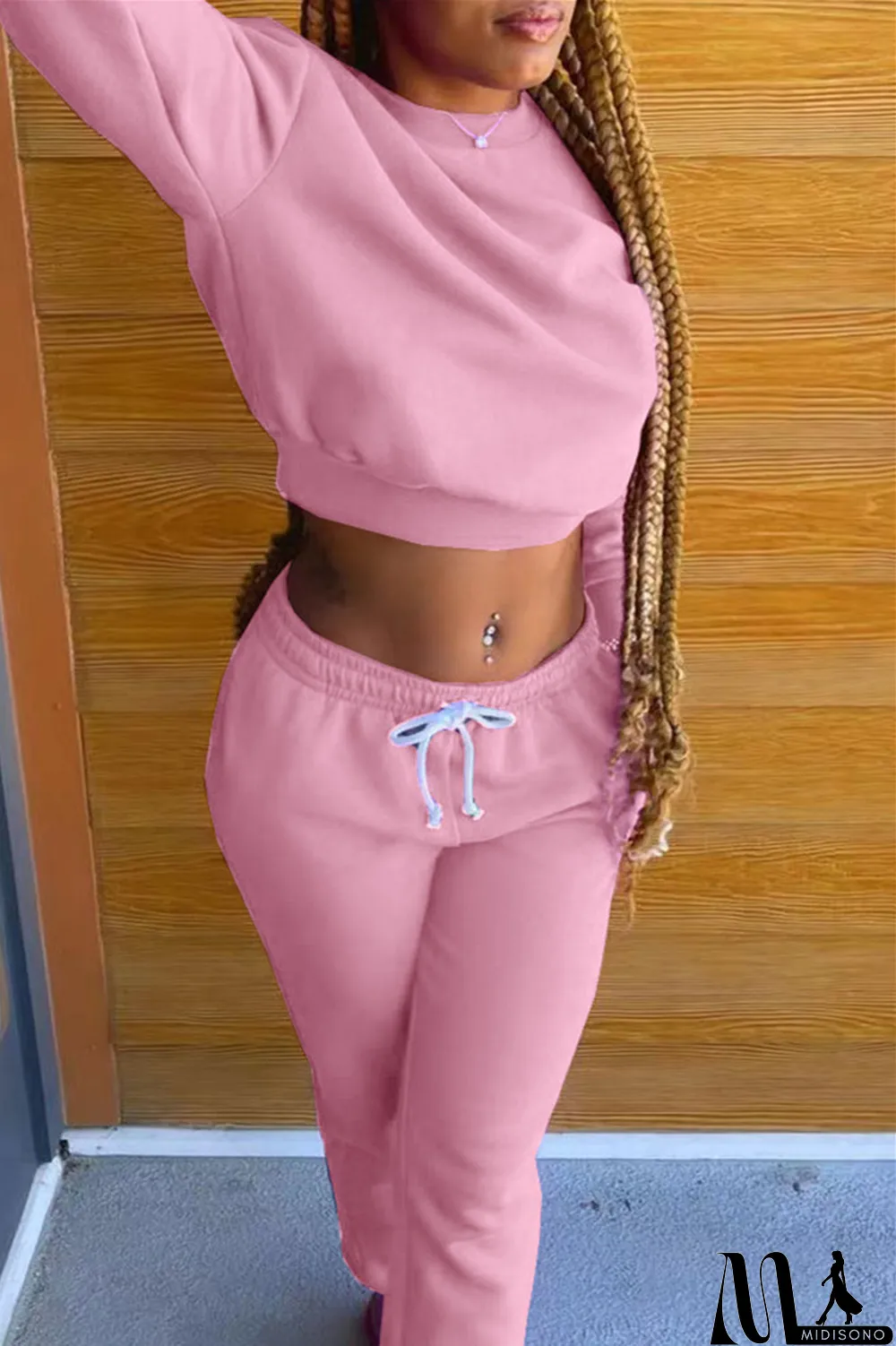 MidiSono - Black Fashion Casual Solid Basic O Neck Long Sleeve Two Pieces