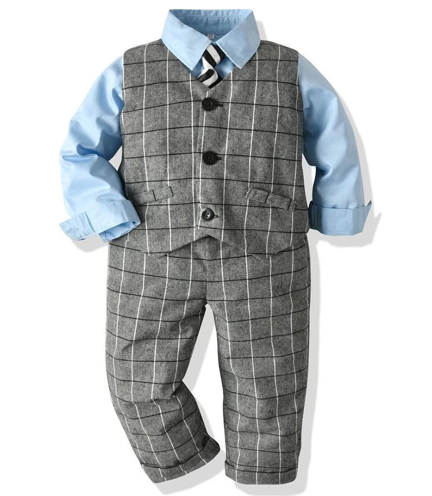 Buzzdaisy Boys Outfit Set Cotton Shirt Grey Checked Waistcoat And Pants Suit