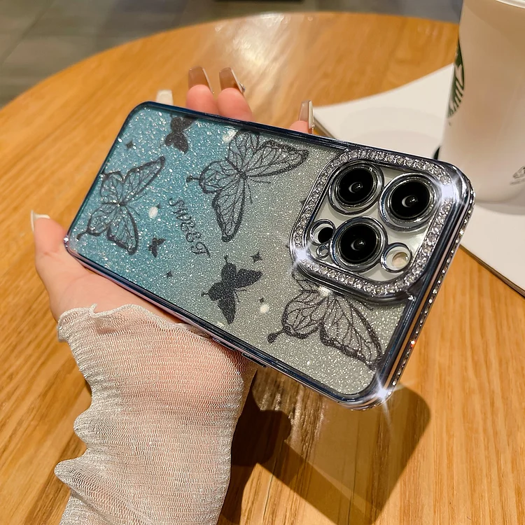 Women Luxury Glitter Diamond Hand Drawn Butterfly Case For iPhone 15 14 13 12 11 Pro Max Plus Clear Silicone Shockproof Cover