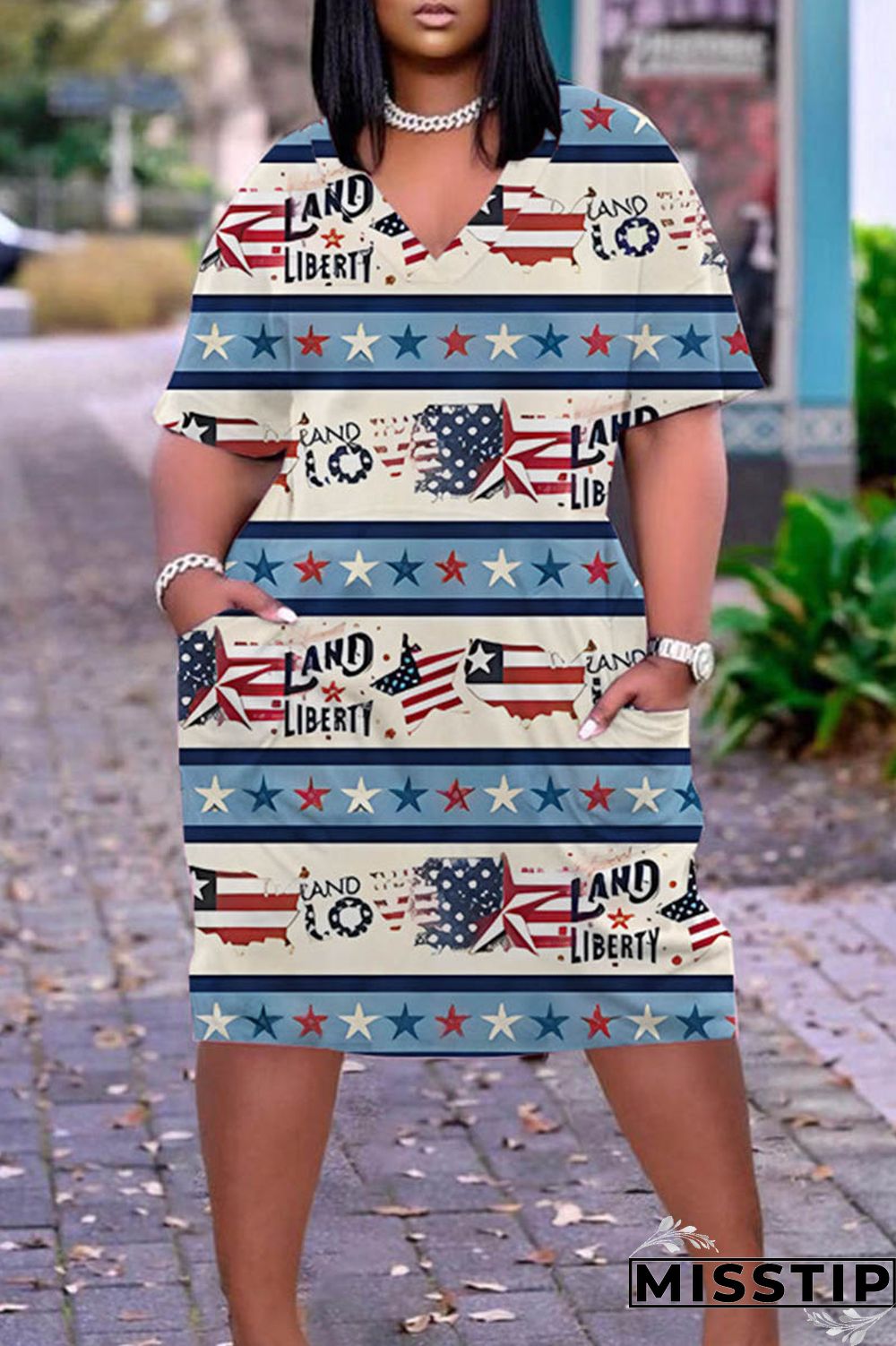 Light Blue Casual Print Patchwork Basic V Neck Short Sleeve Dress Plus Size Dresses