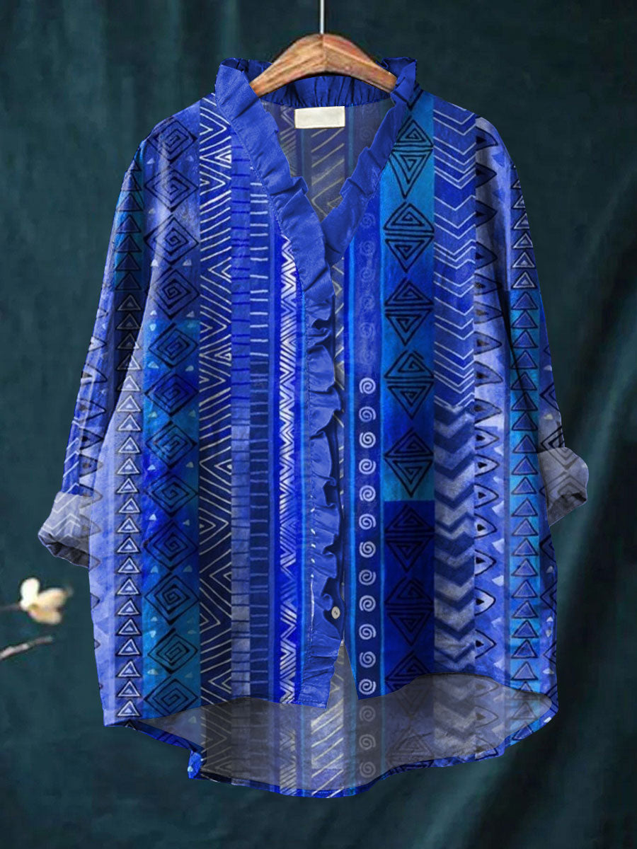 Women's Vintage Colorblock Geometric Art Print Casual Cotton And Linen Ruffle Shirt