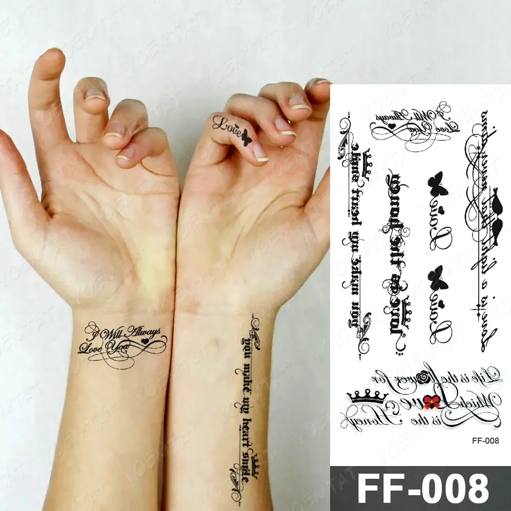 Handwriting Font Waterproof Temporary Tattoo Sticker Text Word Chicano Lettering Body Art Arm Wrist Fake Tatoo For Women Men