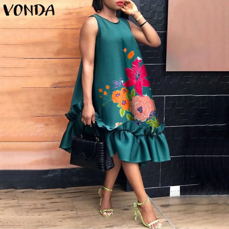 VONDA Summer Bohemian Dress Vintage Solid Maxi Long Dress Party Sundress 2022 VONDA Casual Vestidos Femme Loose Robe