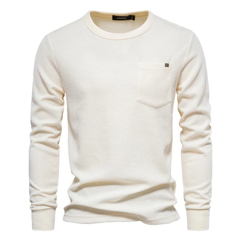 Men's Waffle Long-sleeved T-shirt Round Neck Dad's Cotton T-shirt