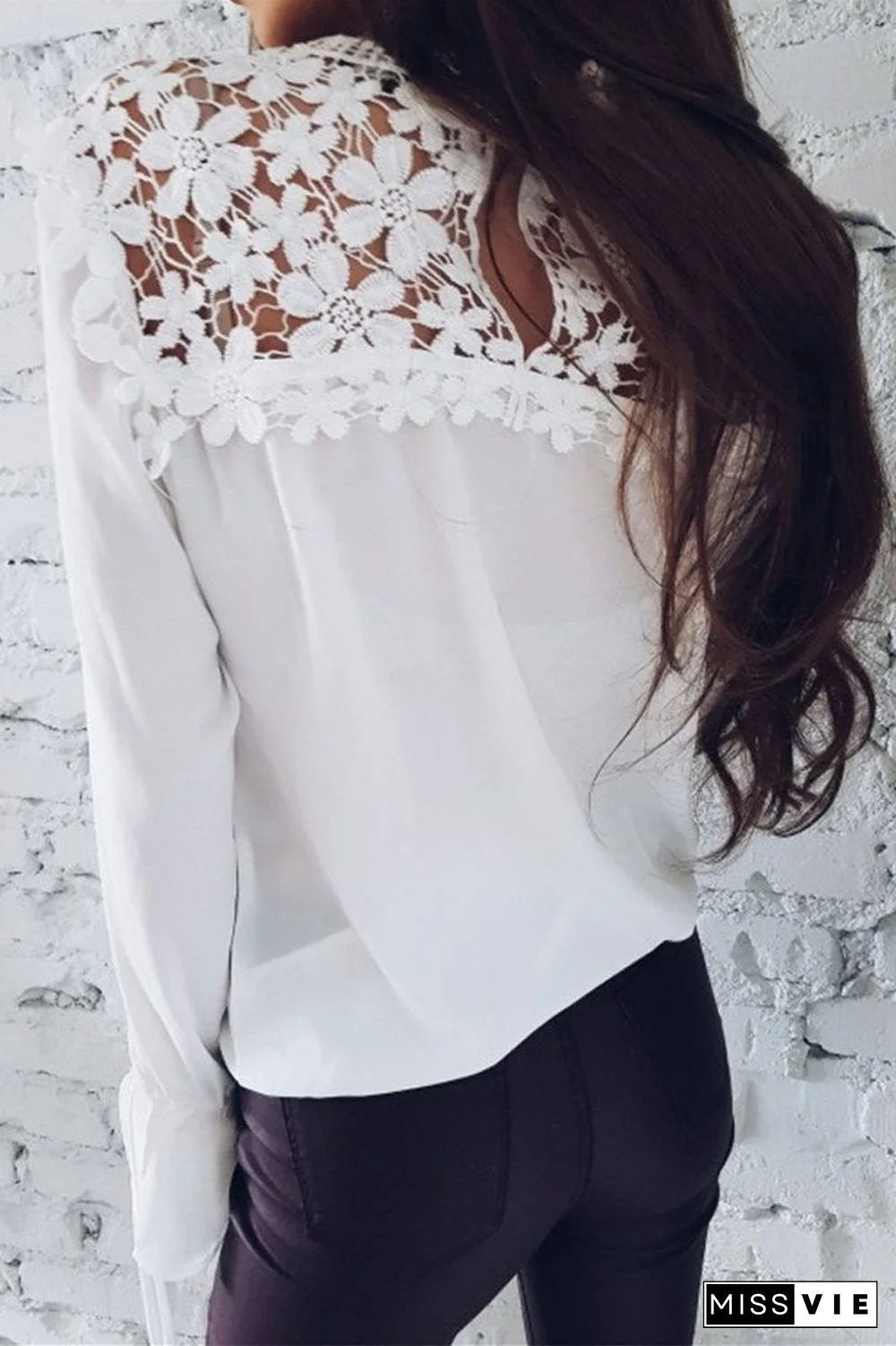 Lace Patchwork Chiffon Solid Blouse