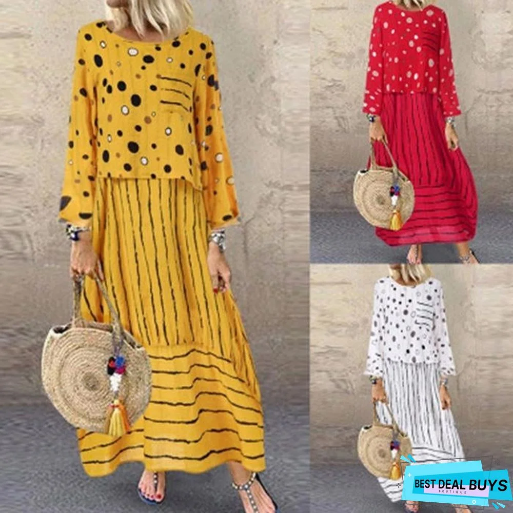 Polka Dot Plus Size Loose Fake Two-Piece Cotton and Linen Dress