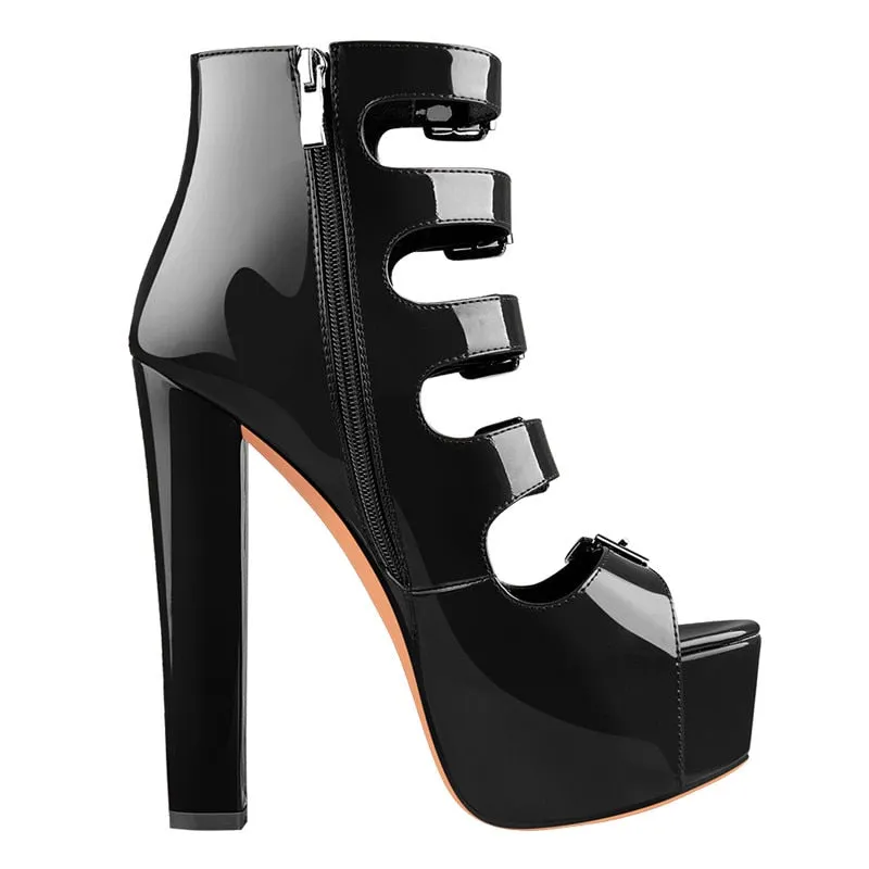 Onlymaker Women's Platform Buckle Belts Chunky 15~16cm Round Heel Peep Toe Black and Red Fashion Zipper Sandals For Summer