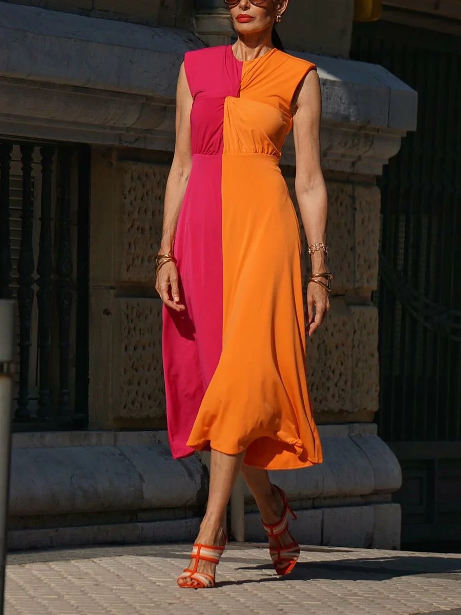 Sleek Colorblock Sleeveless Midi Dress