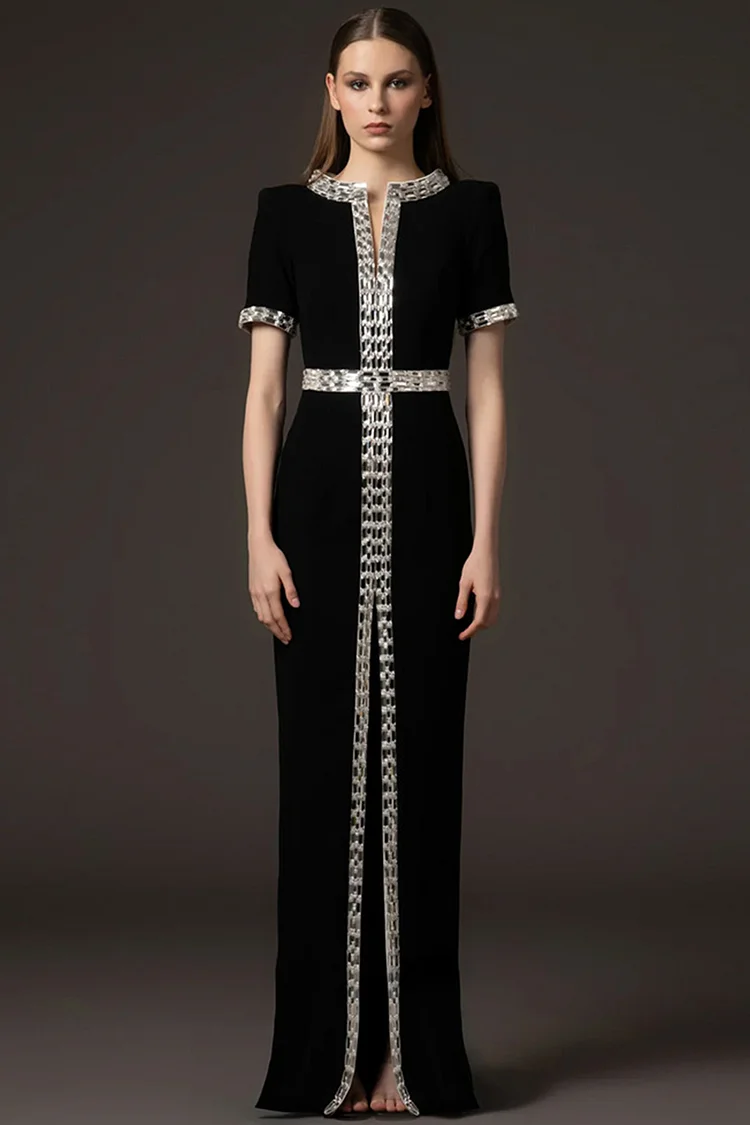 Rhinestone Trimmed Short Sleeve Slit Maxi Dress-Black