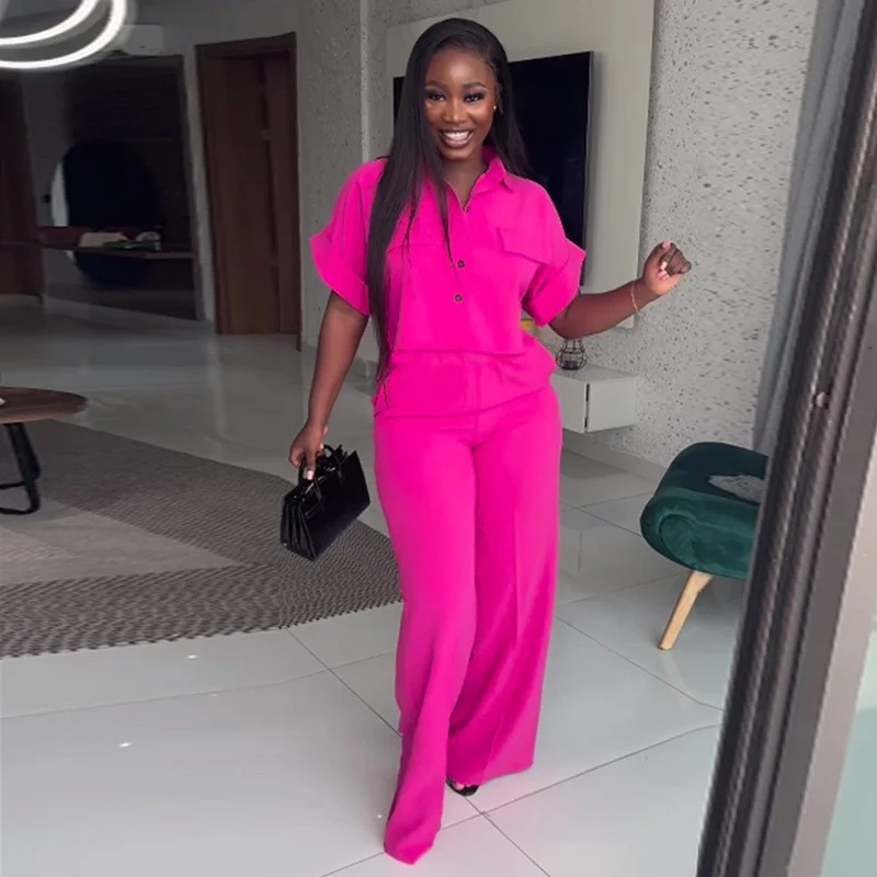 Nigikala Nigikala Women's 2025 Summer New Casual Clip Short Sleeve Shirt Broad Leg Pants Fashion Set