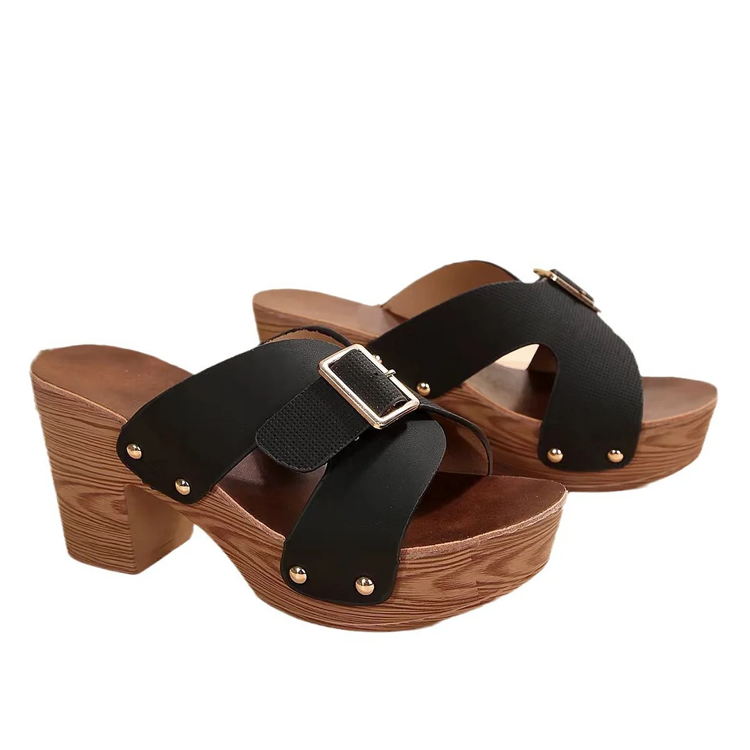 Breakj Breakj New Summer High-Heeled Waterproof Women's Shoes Large-Size Coarse Heel Cross-Slippers