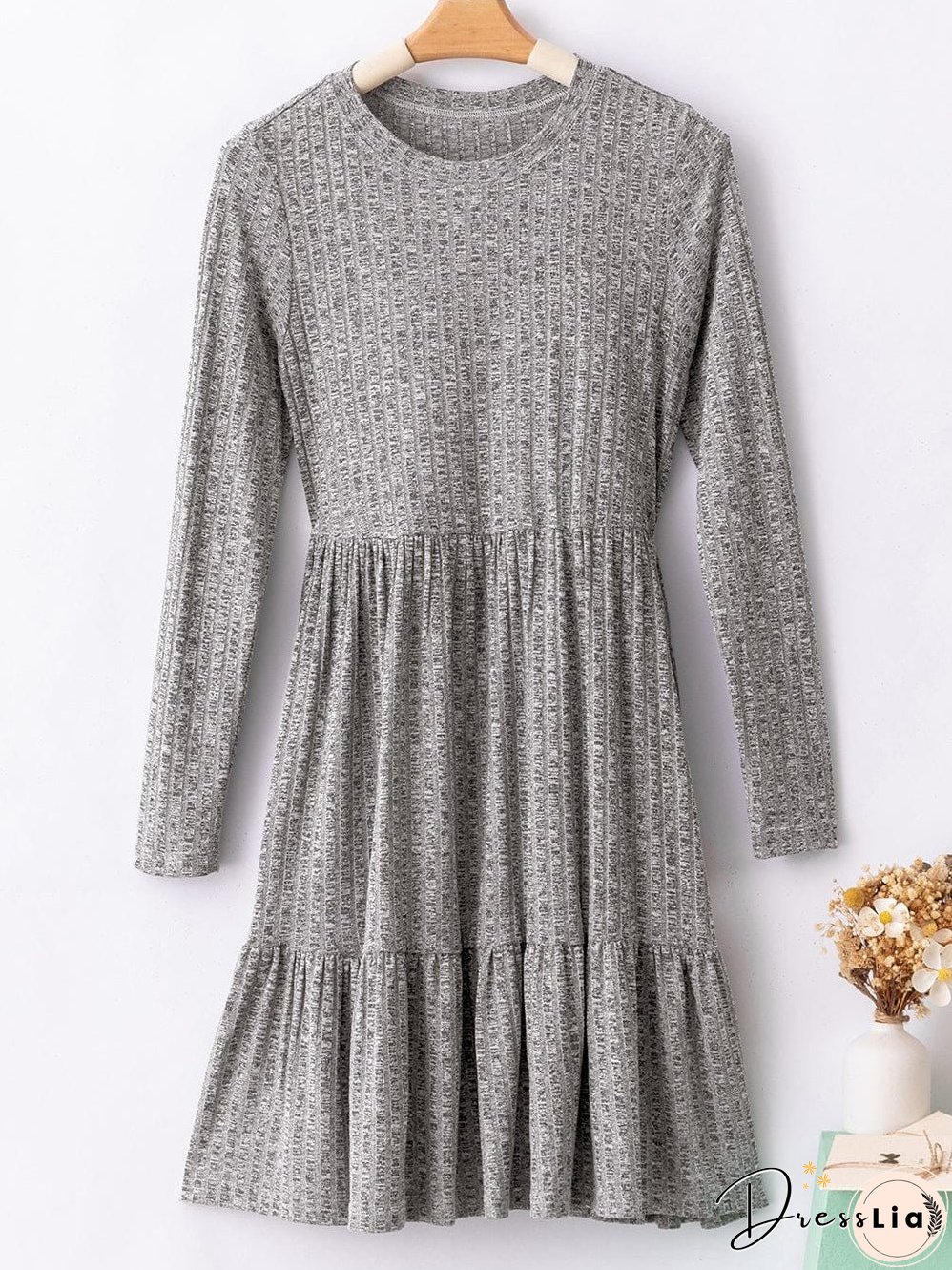 Textured Gray Ruffle Detail A-Line Midi Dress