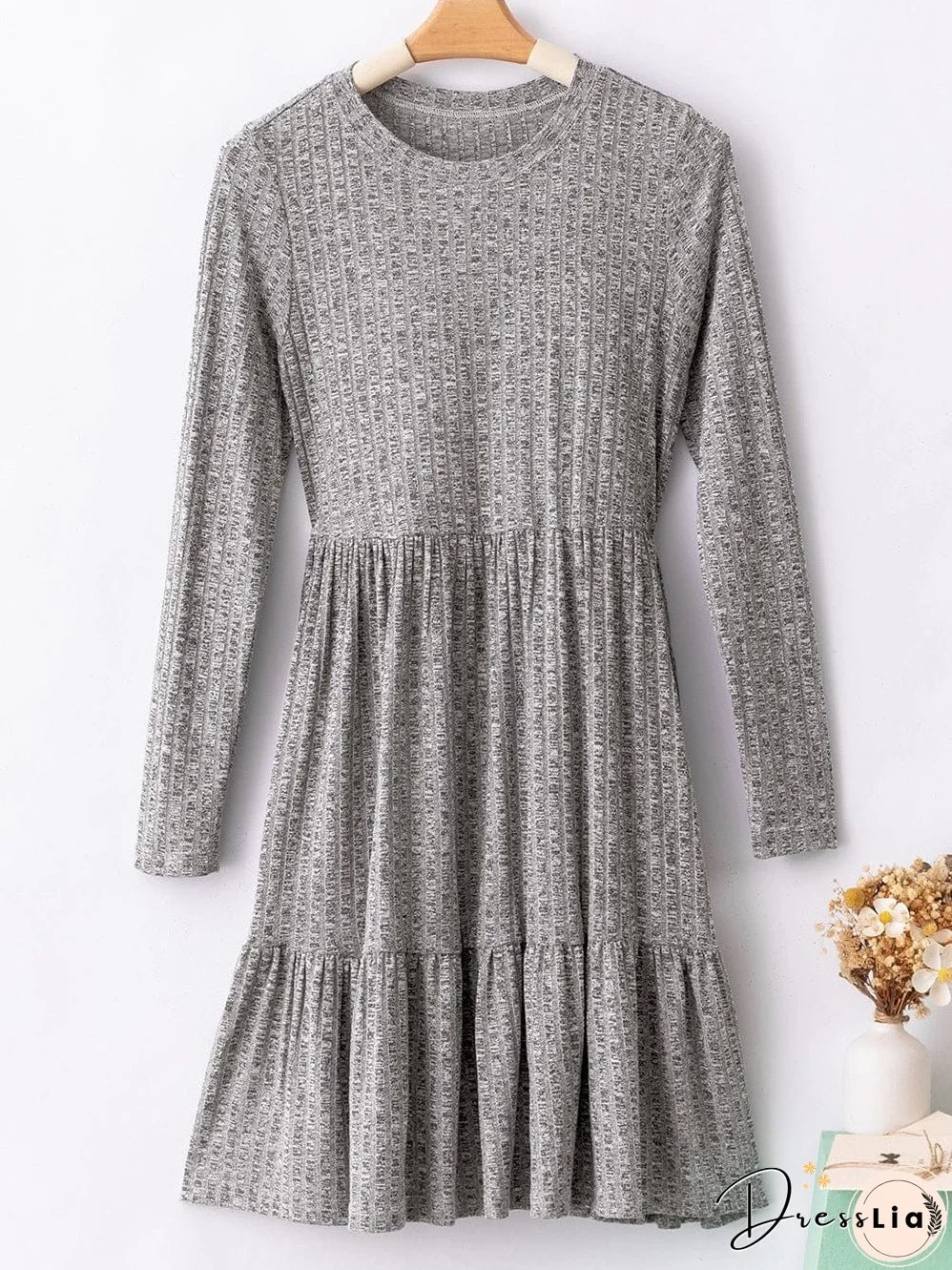 Textured Gray Ruffle Detail A-Line Midi Dress