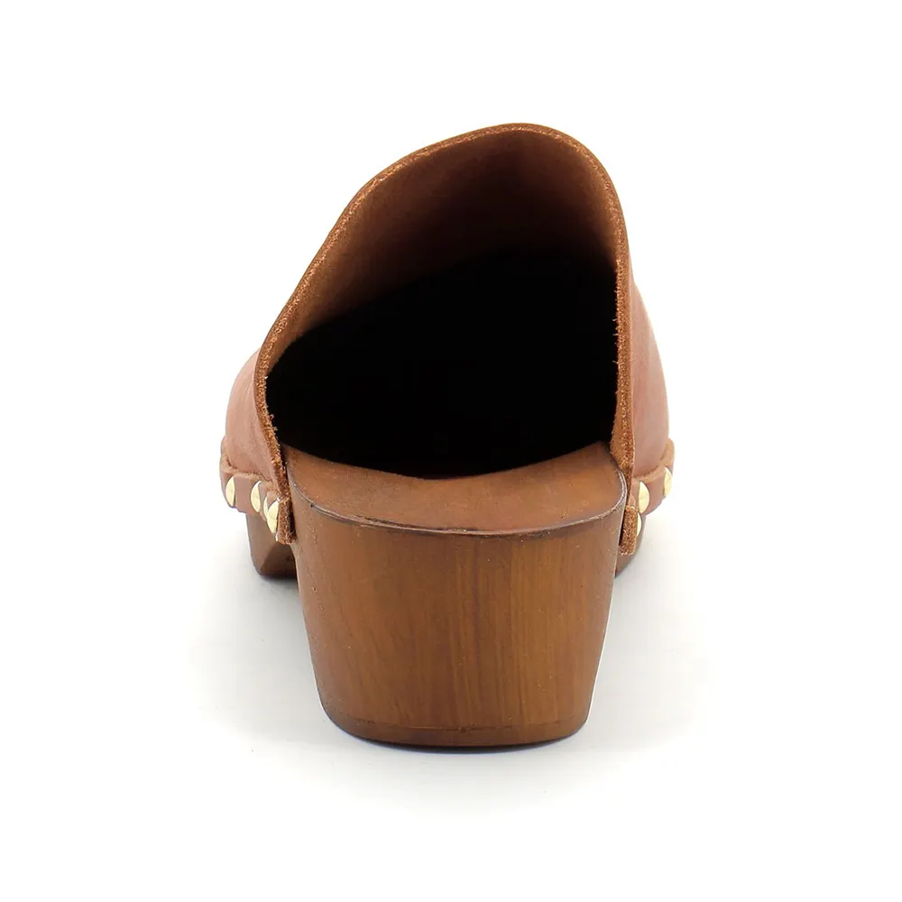 Brown Vegan Leather Round Toe Chunky Heel Studded Mules for Women
