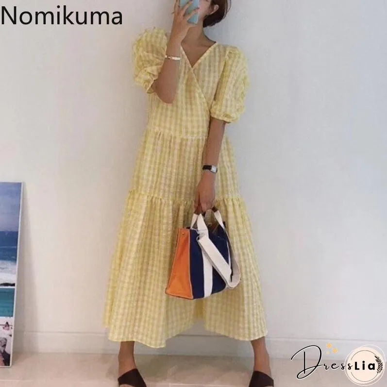 Christmas Gift Nomikuma Korean Fashion Plaid Dress Women V Neck Short Sleeve A Line maxi Dresses Robe Casual Sweet New Chic Vestidos Mujer