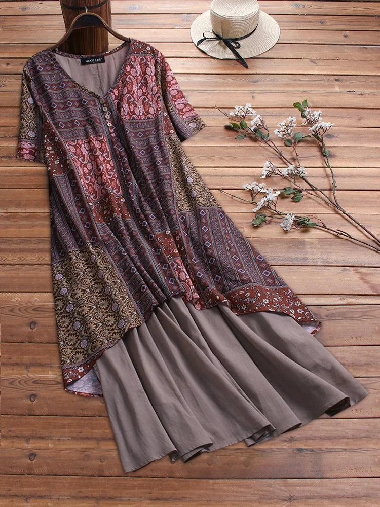 Loose Dress Short-sleeved Cotton Linen Print Fashion Floral Dress