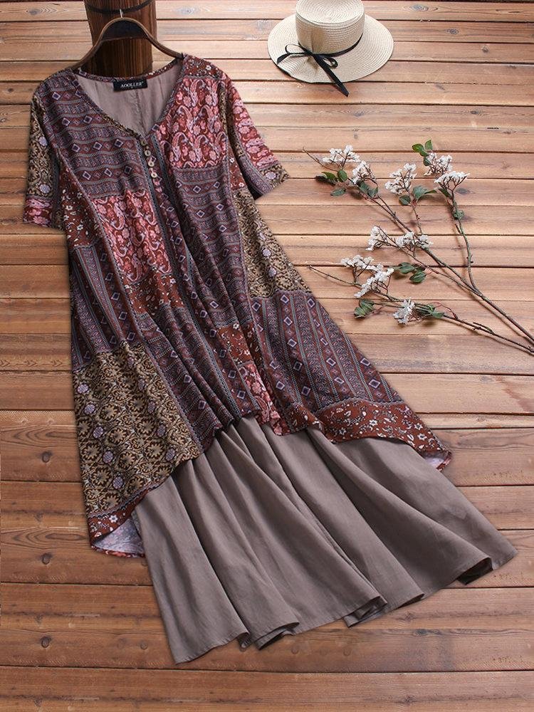 Loose Dress Short-sleeved Cotton Linen Print Fashion Floral Dress | EGEMISS