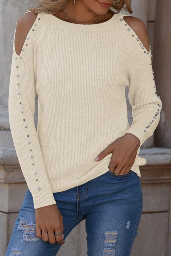 Womens Boho Solid Color Round Neck Sweater-Allyzone-Allyzone