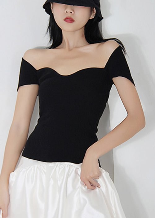 Fitted Black Cold Shoulder Cotton Top Short Sleeve CK1697- Fabulory