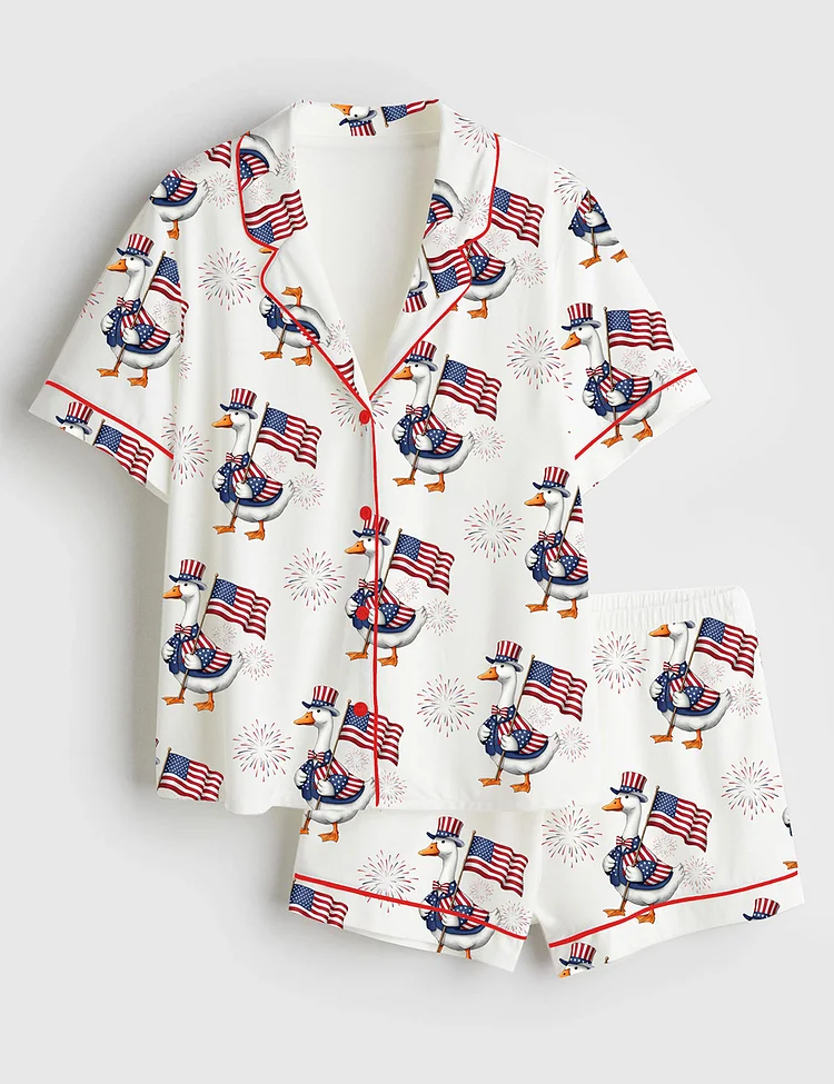 Women&rsquo;s Goose Fourth Of July Silly Goose Red White Blue USA Coquette America Short Sleeve Satin Pajama Set