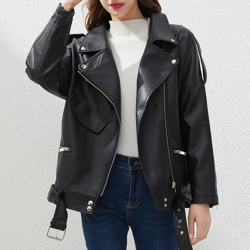 Ailegogo Spring Autumn Oversized Faux Leather Jacket with Belt Women Casual Loose Biker Outwear Female BF Black Leather Coat