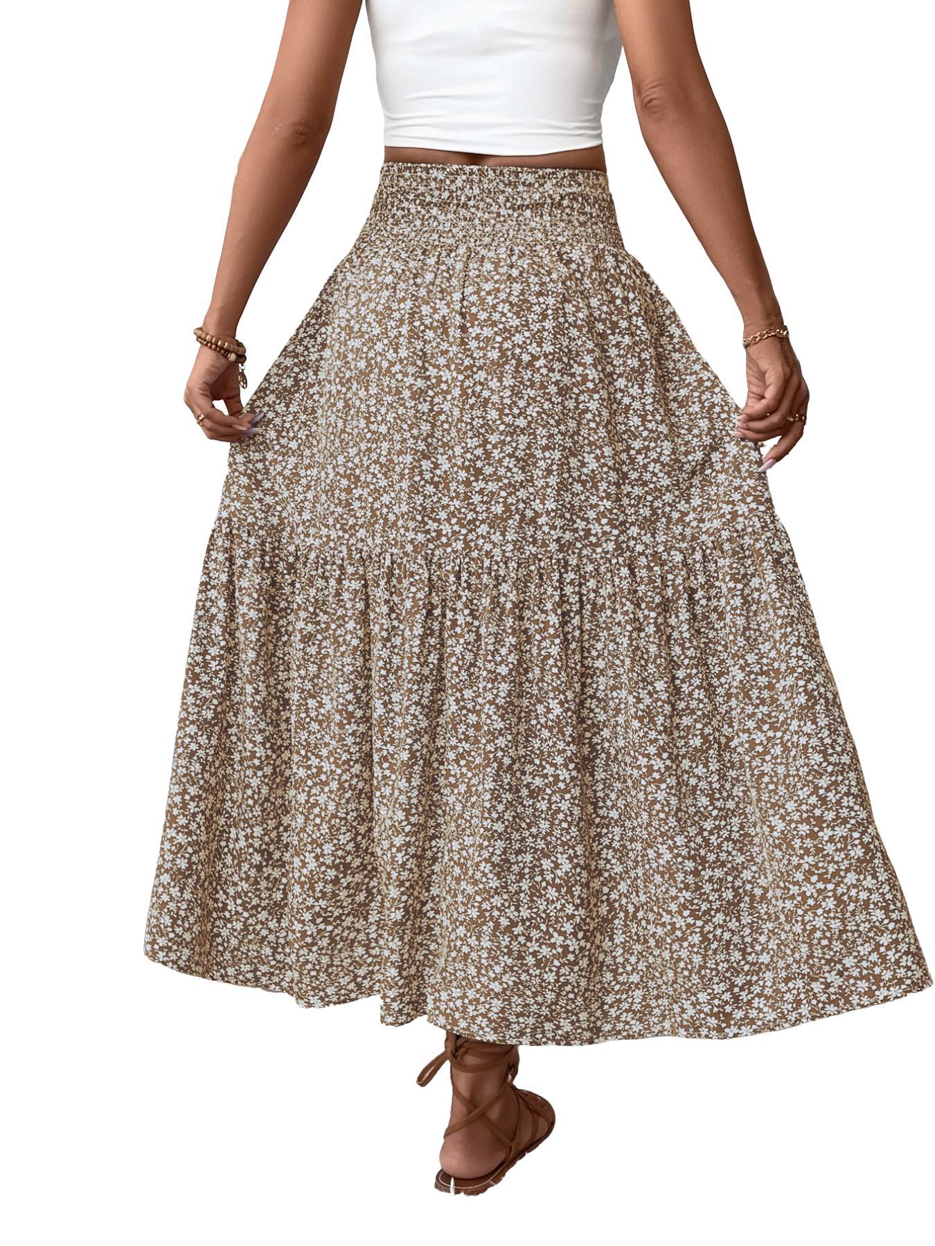 Women's Ditsy Floral Vintage Casual Vacation Layered A-Line Skirt, Elegant Long Skirt for Spring & Fall, All over Print Fitted Style