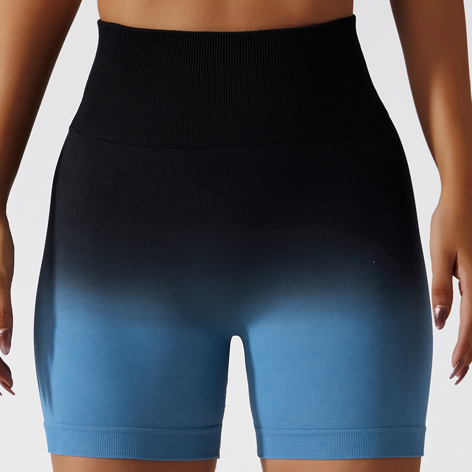 Buy high rise ruched butt stretchable squat proof ombre seamless sports yoga gym shorts with tummy control of high quality on Hergymclothing Black Blue