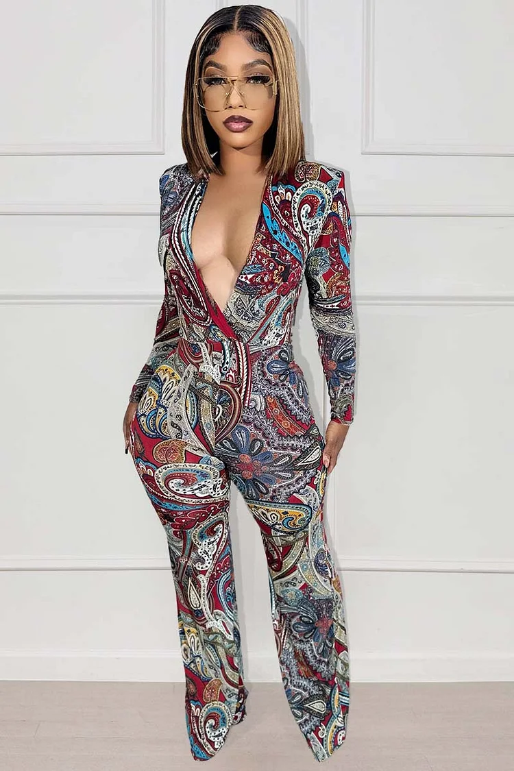 Tribal Pattern Print Deep V Neck Long Sleeve Straight Leg Jumpsuit-Red