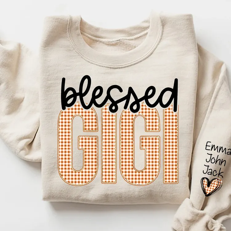 Personalized Blessed Gigi Thanksgiving Shirt, Custom Fall Grandma Sweatshirt with Sleeve Names, Autumn Gift for Gigi