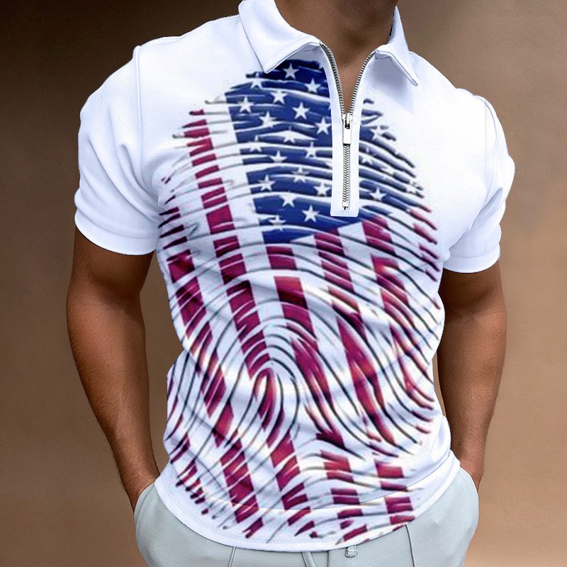 Men's Independence Day printed short sleeved zippered polo shirt PLUSCLOTHESMAN