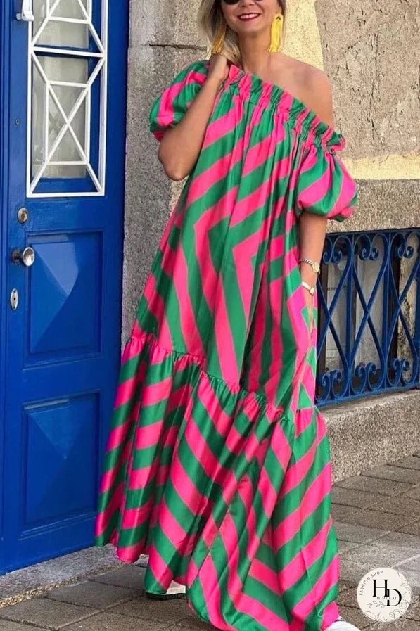 Linen Blend Off Shoulder Ruffle Puff Sleeve Pocketed Midi Dress