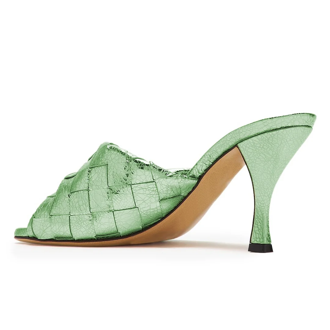 Mint Green Cracked Vegan Leather Woven Spool Heel Mules for Women