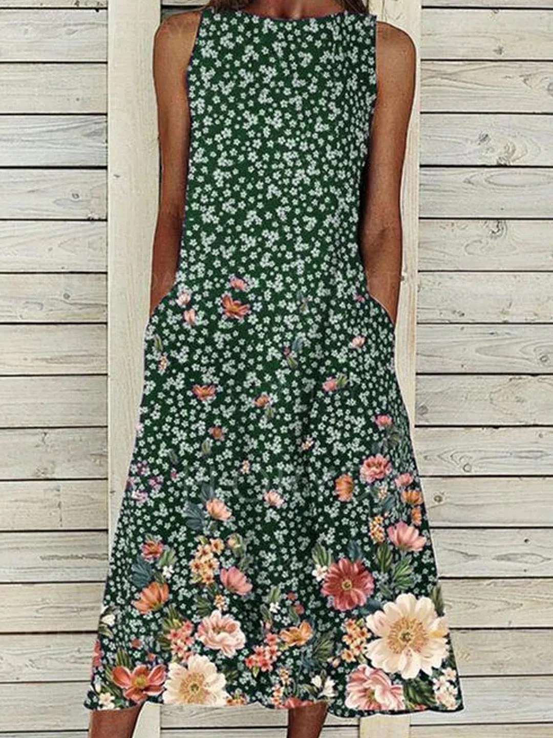 Women Sleeveless Scoop Neck Floral Printed Button Mixi Dress