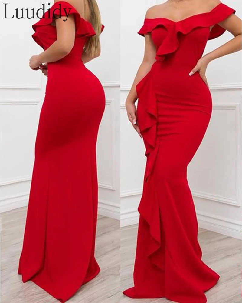 UForever21  Women Red Off Shoulder Ruffles Skinny Mermaid Dress