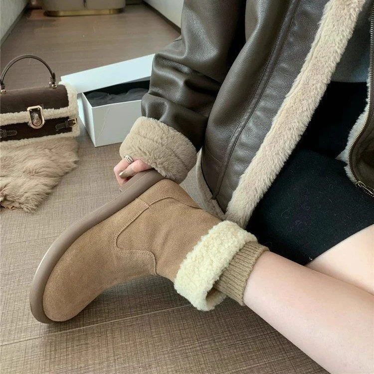 Yyvonne Boots Women Winter New Sen Series Retro Plus Velvet Cotton Shoes Flat Hair Short Boots Woman