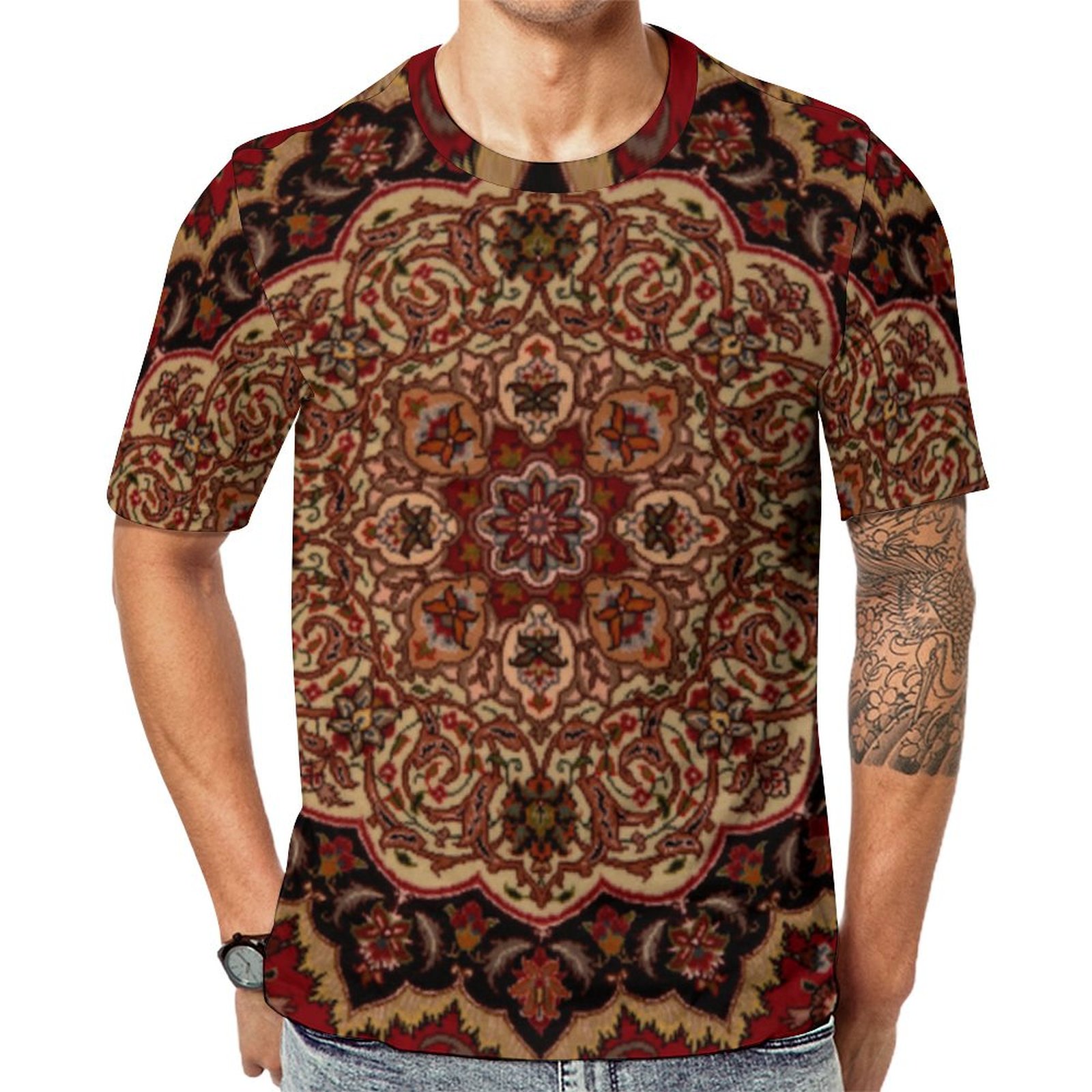 Burgundy Eastern Vintage Persian Carpet Short Sleeve Print Unisex Tshirt Summer Casual Tees for Men and Women Coolcoshirts