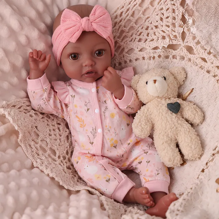 Babeside African American Silicone Baby Girl Dolly 12"/16" &ndash; Lifelike Gift Set with Teddy Bear Companion