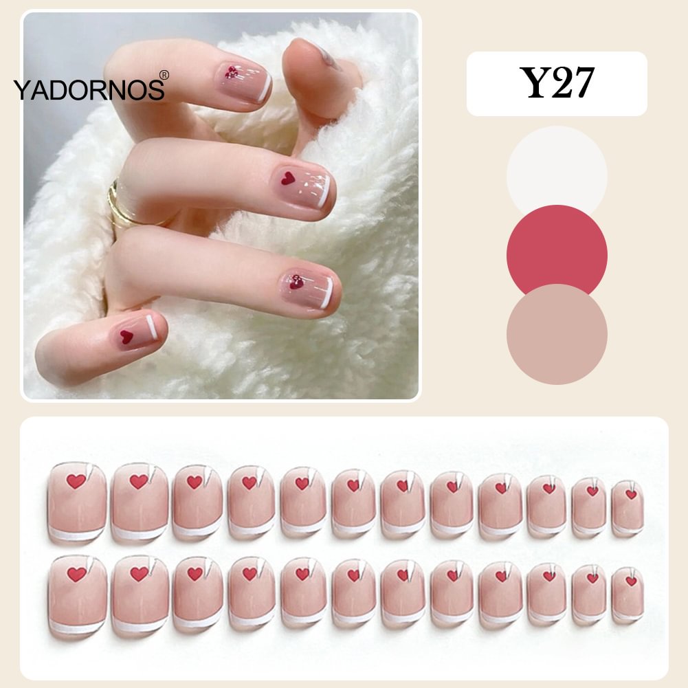 Agreedl stick on nails 24PCS Red Heart Design French Style Full Coverage Nails Finished Nails Piece Removable Save Time TY