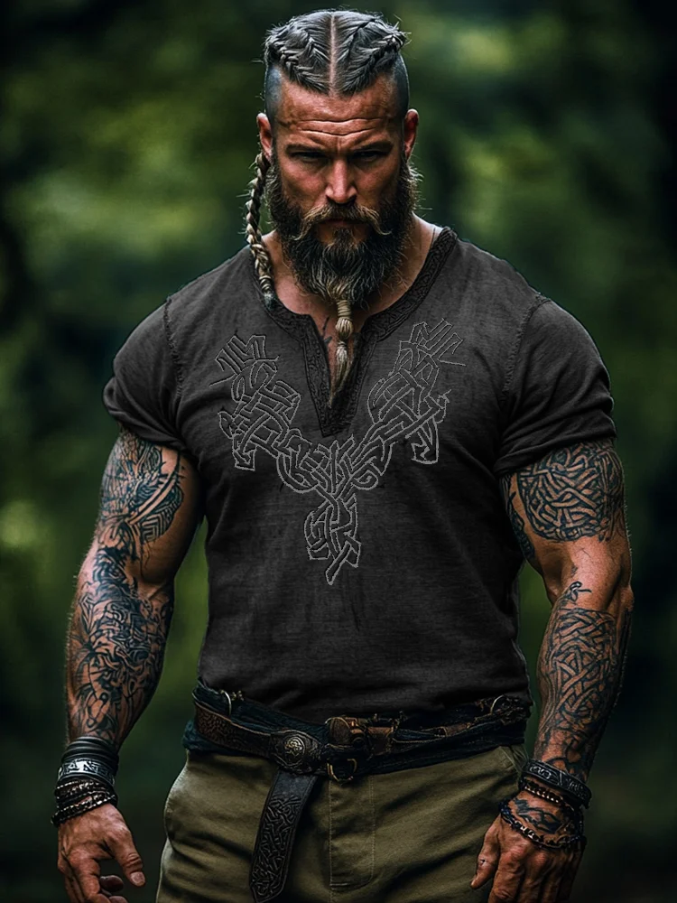 Men's Viking Tribal Graphics Henley Collar T-shirt