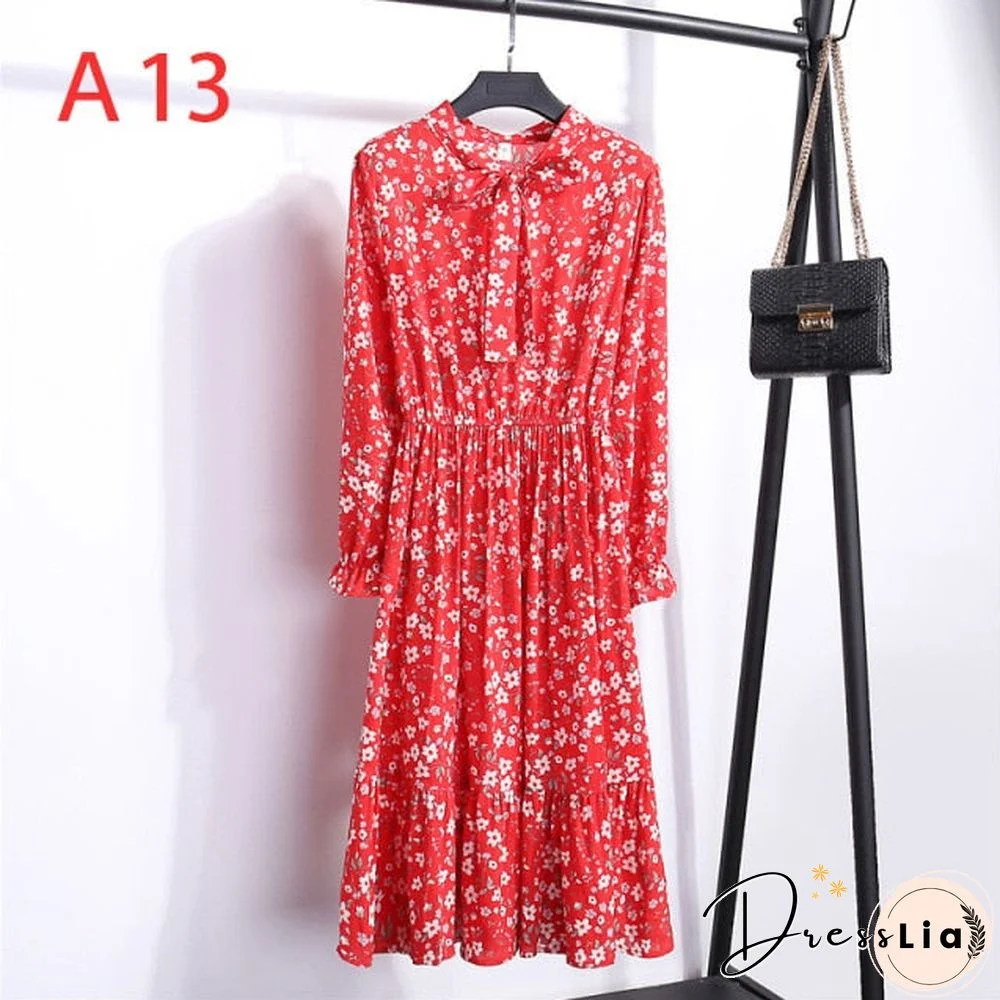 Winter Dress Women Long Sleeve Vintage Dress Chiffon Shirt Vestidos For Ladies Casual Floral Midi Autumn Dresses Polka Dot