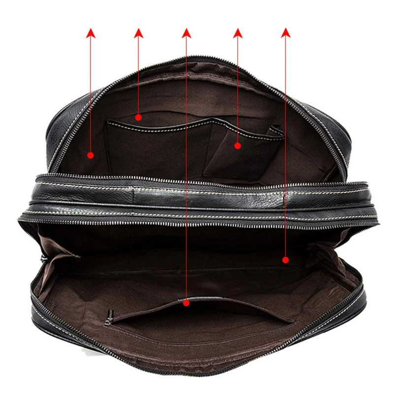 Fine Stitching Dual Top Handle Detachable Sling Strap Zip Top Genuine Leather Briefcase