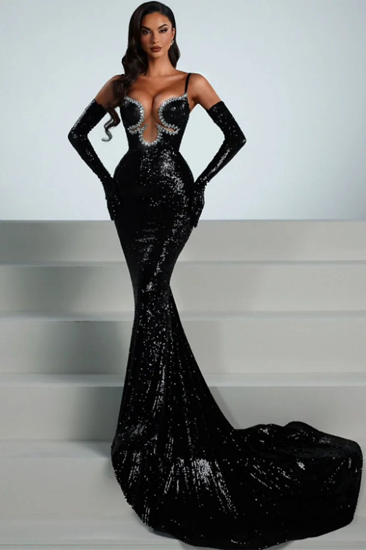 Rhinestone Sequin With Gloves Cami Maxi Dress-Black