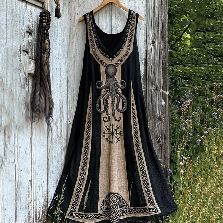 Vintage Viking Cthulu Celtic Art Contrasting Colors Linen Tank Dress