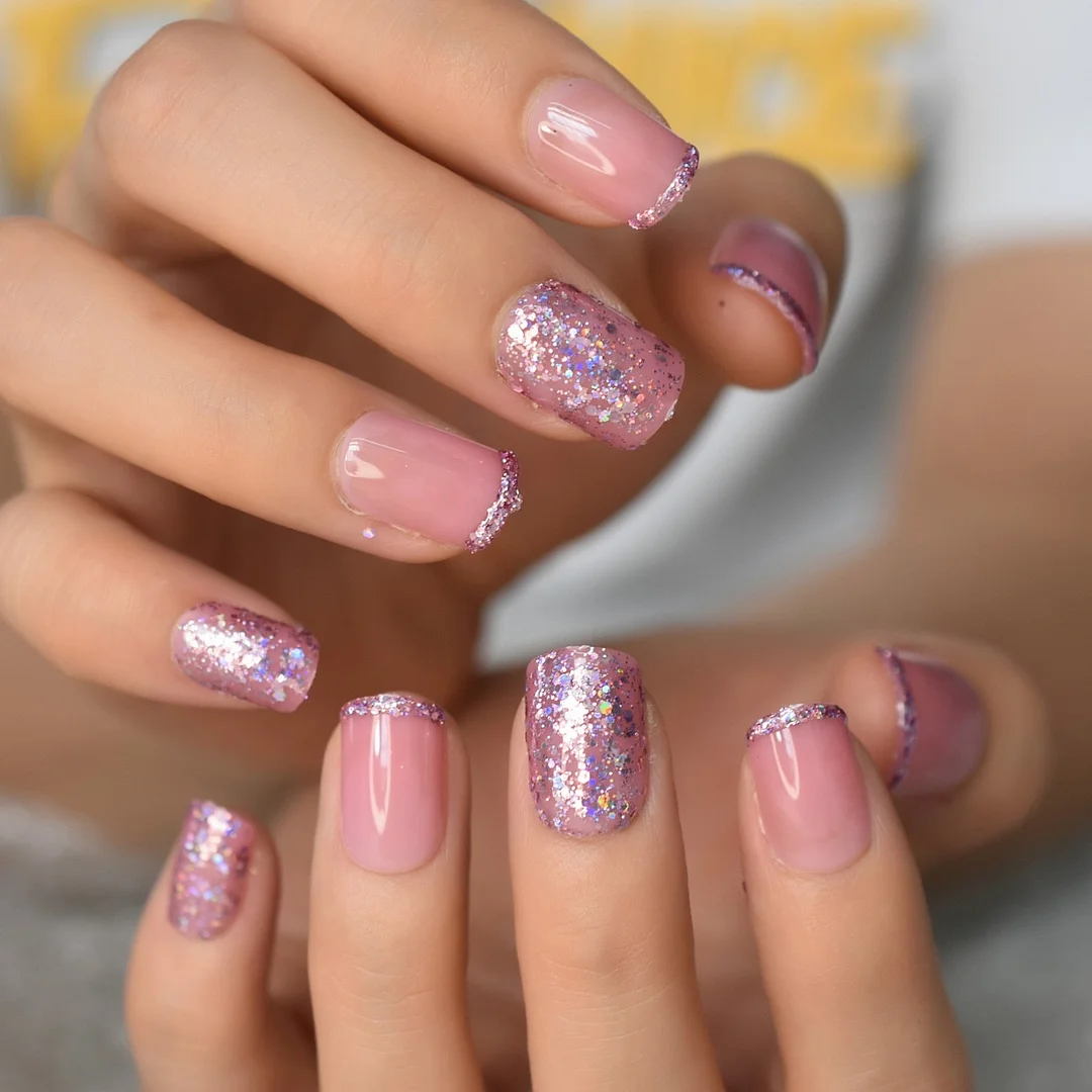 Pink Nude Fake Nails Acrylic Glitter Press On Nails Short Length Sequins Holo Jelly Gel Glossy Full Cover False Nail Tips-Nail Inspo