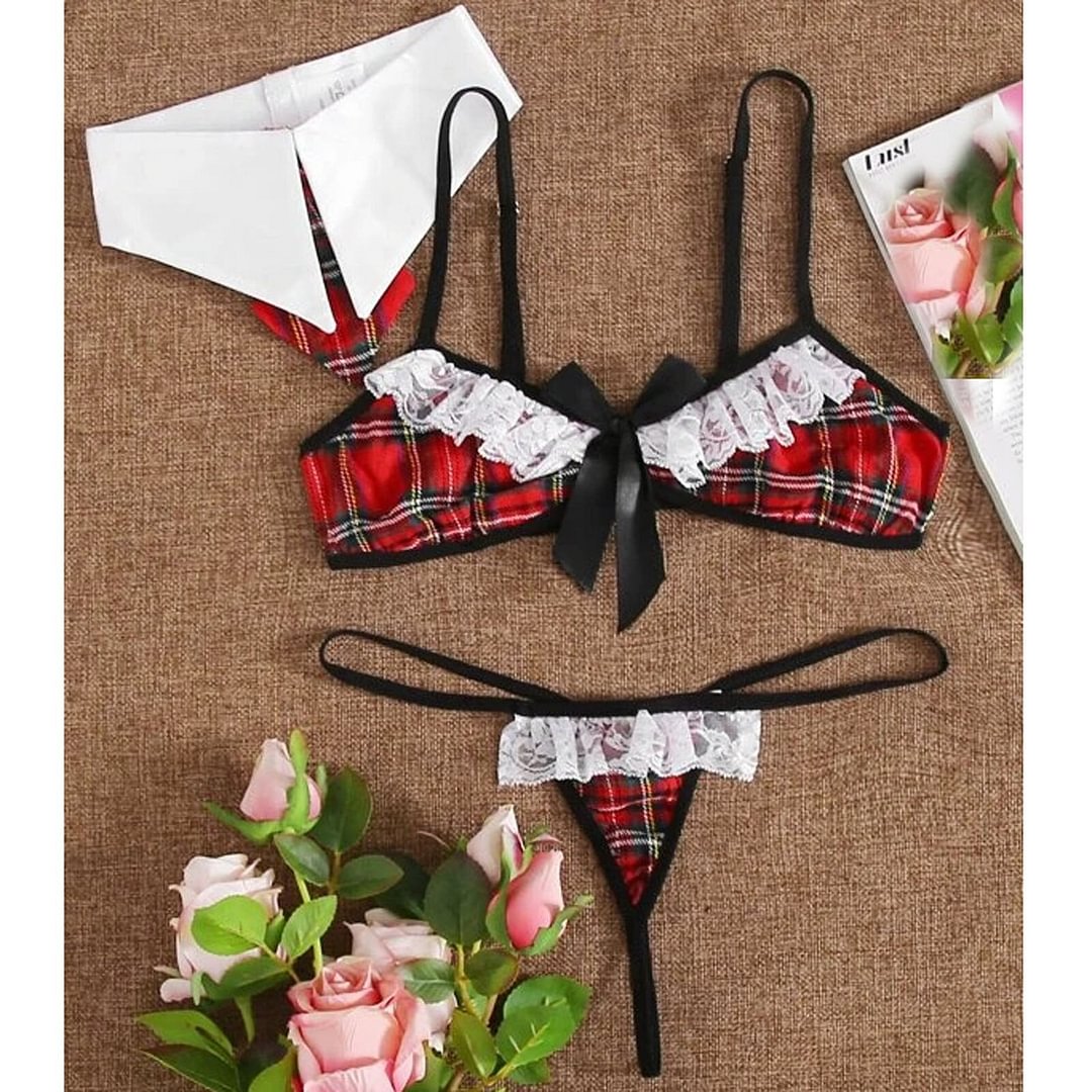3PC Underwear Set Sexy Lace Plaid Bra Thong Halter Uniform Set Fashion Women's Underwear Temptation Three Point Lingerie Sets