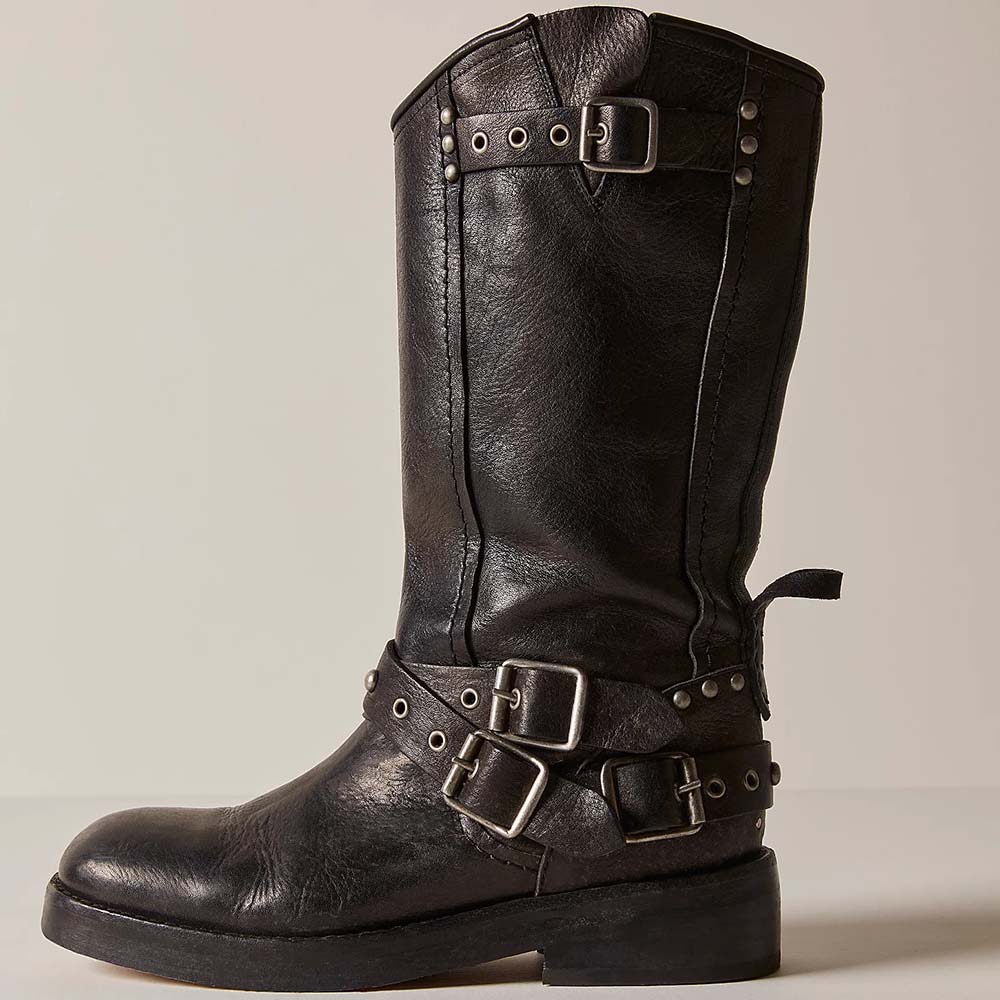 Black Round Toe Vintage Low Heels Mid Calf Western Boots for Women