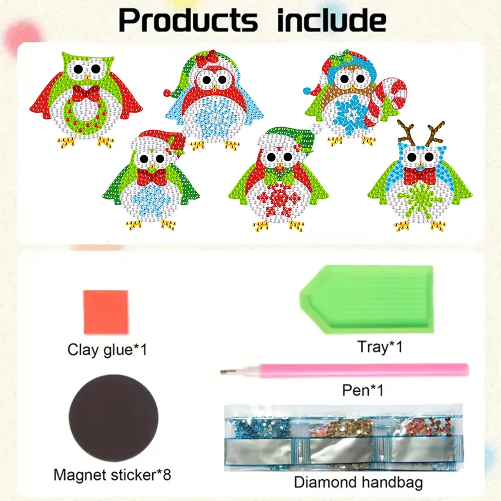6Pcs Acrylic Owl Diamond Painting Art Fridge Magnet for Fridge Whiteboards