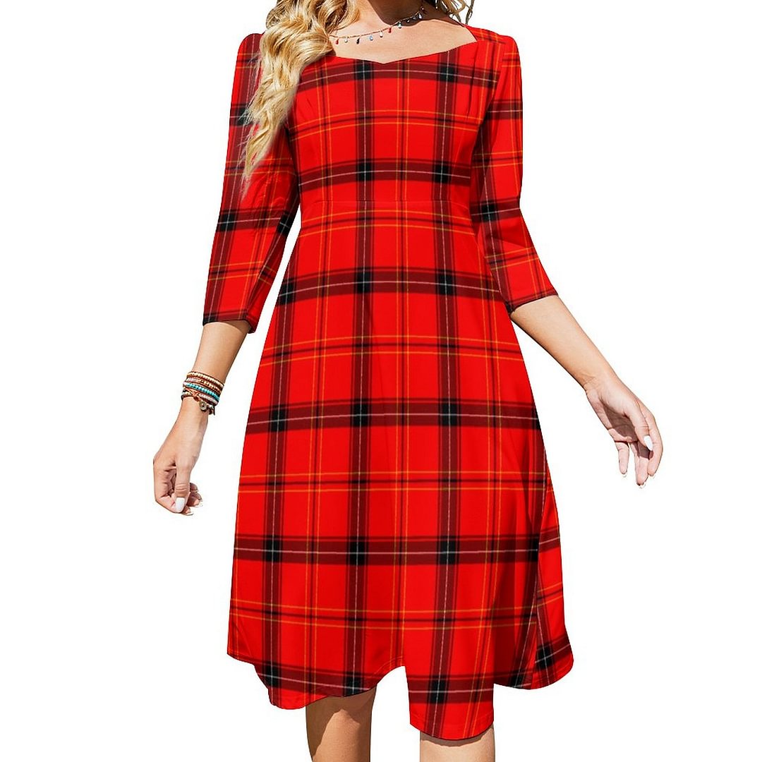 Scottish Red Tartan Dress Sweetheart Tie Back Flared 3/4 Sleeve Midi Dresses