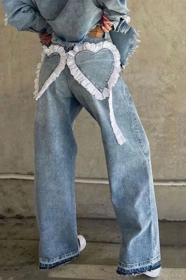 Heart-shaped Lace Patchwork Sweet Washed Jeans