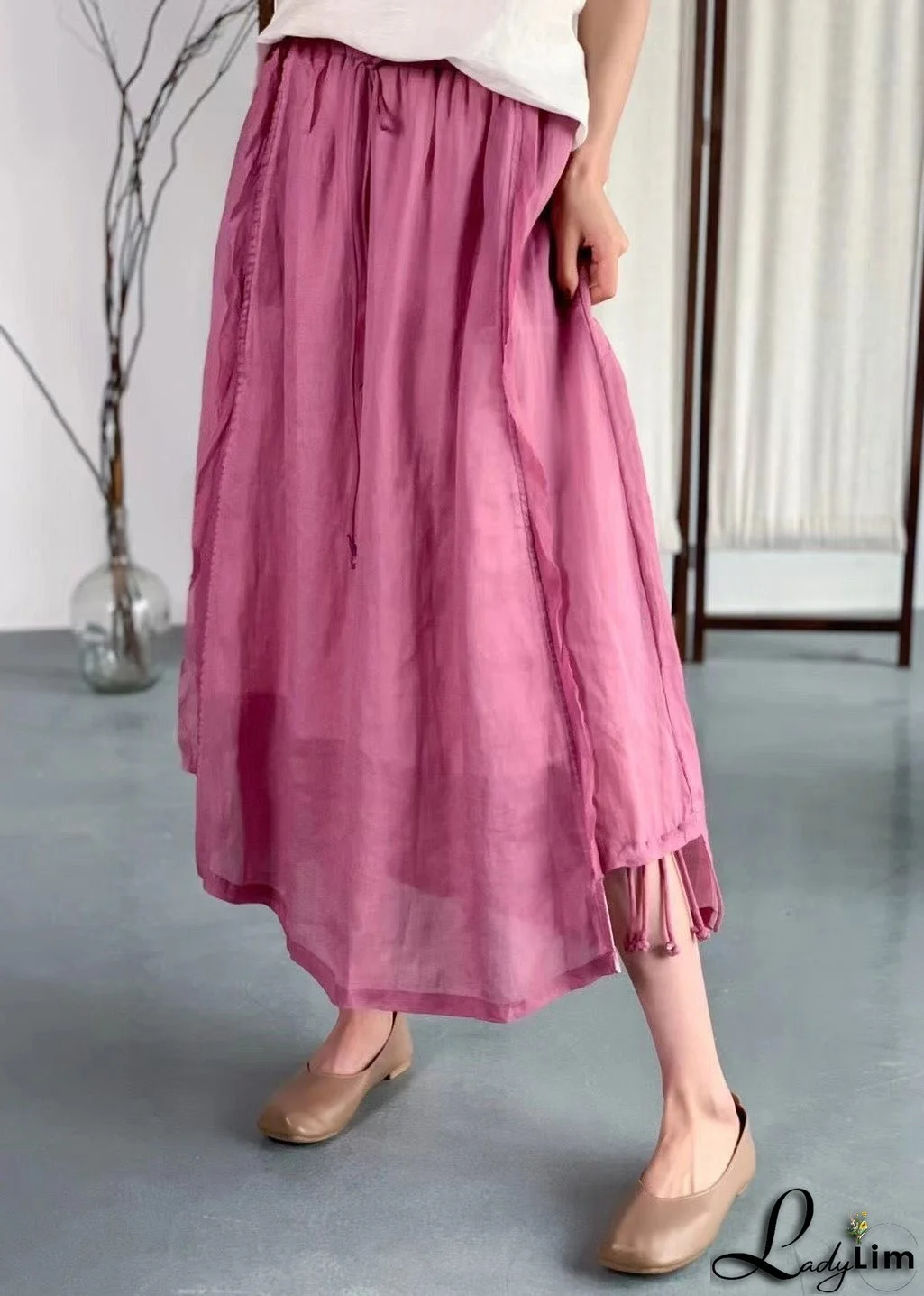 Handmade Rose Wrinkled Pockets Lace Up Elastic Waist Linen Skirt Summer
